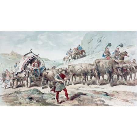 Nervian Cart Drawn By Oxen After A Watercolour By A Heins From Cortege Historique Des Moyens De Transport Published Brussels 1886 Canvas Art - Ken Welsh Design Pics (38 x 20)