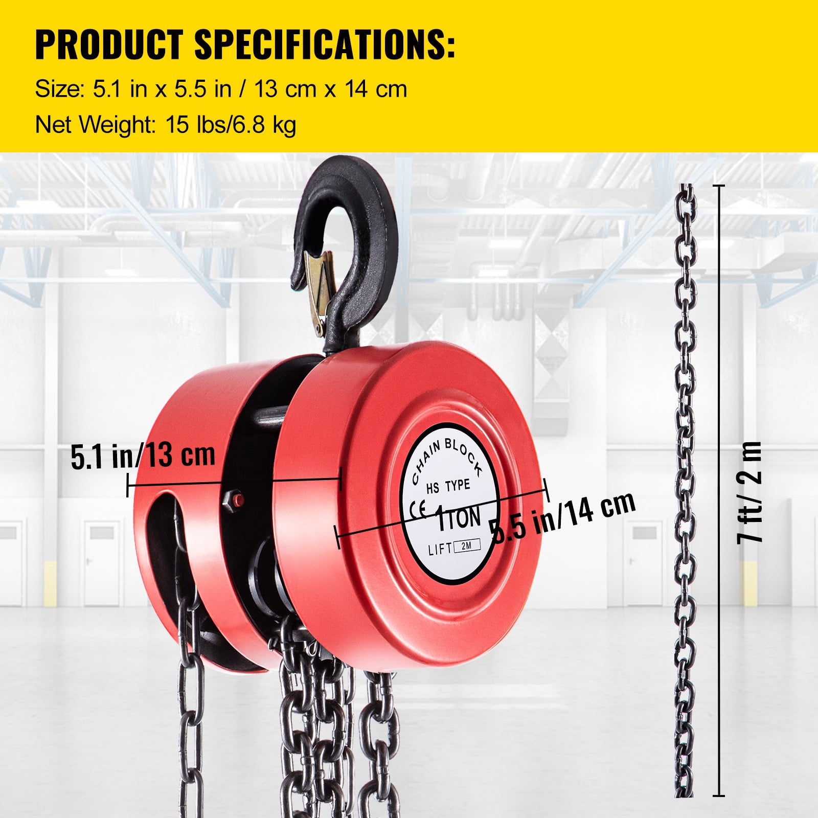 VEVOR Chain Hoist Chain Block 1 Ton Capacity 7 Feet Lift Steel Construction Red