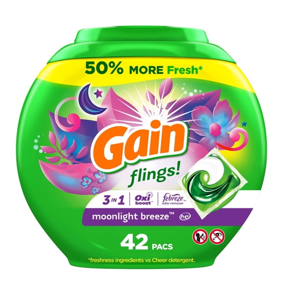 Gain Flings Laundry Detergent Pacs, Moonlight Breeze Scent, with Odour Defense, concentrated laundry soap pacs, 42 Count
