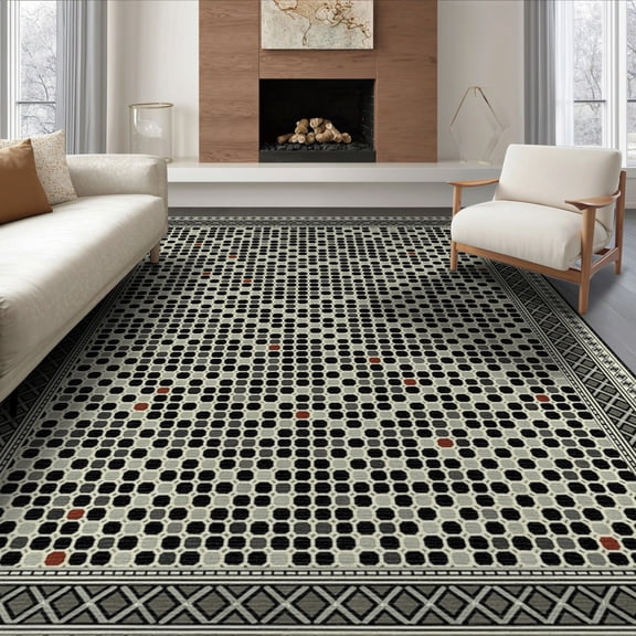 ODIKA 8'x10' Washable Area Rug Table Geometric Pvc Grid Spill Motifs Dining Under Vinyl for Room, Large Office, Lounge, Non-Slip Chair-Friendly Mat