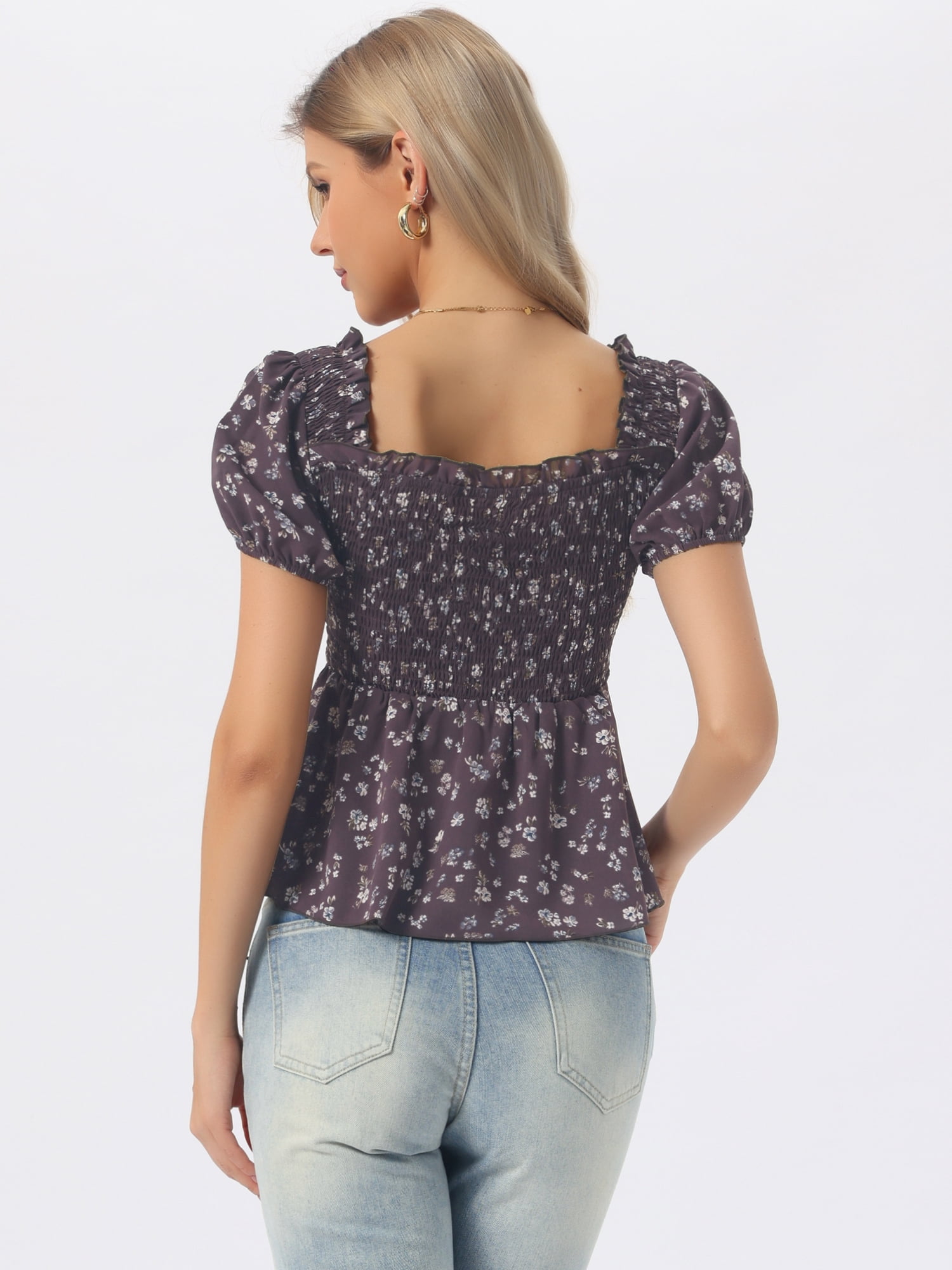 DARING DIVA Women's Puff Sleeve Floral Sweetheart Neck Ruffle Peplum Top S Coffee