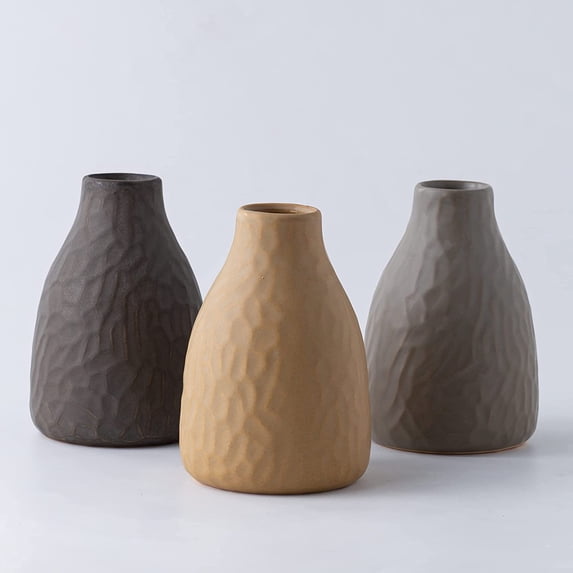 Modern Morandi Color Flower Vase Set of 3, Handmade Matte Glazed Vase for Pampas Grass and fresh bouquets, Cute Decorative Ceramic Vase for Home, Office 13cm Tall, Covered Patio,Textured Wheat Pattern