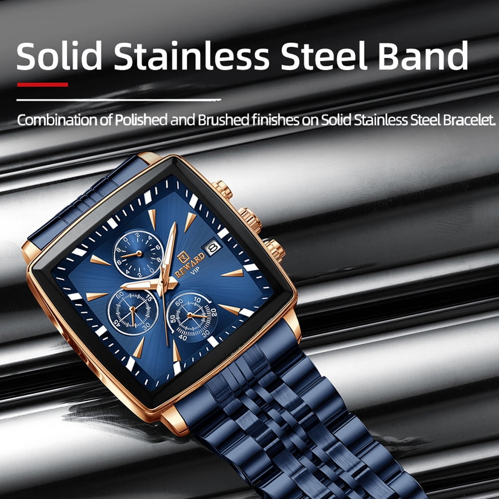 Square Watches for Men Blue Stainless Steel Chronograph Fashion Business Watch Luminous Waterproof Casual Wrist Watches