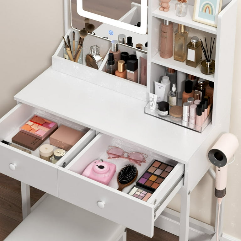 Makeup Vanity Desk with Mirror and Lights, 43.5” Vanity Table with 5 Drawers & Storage Shelves, White