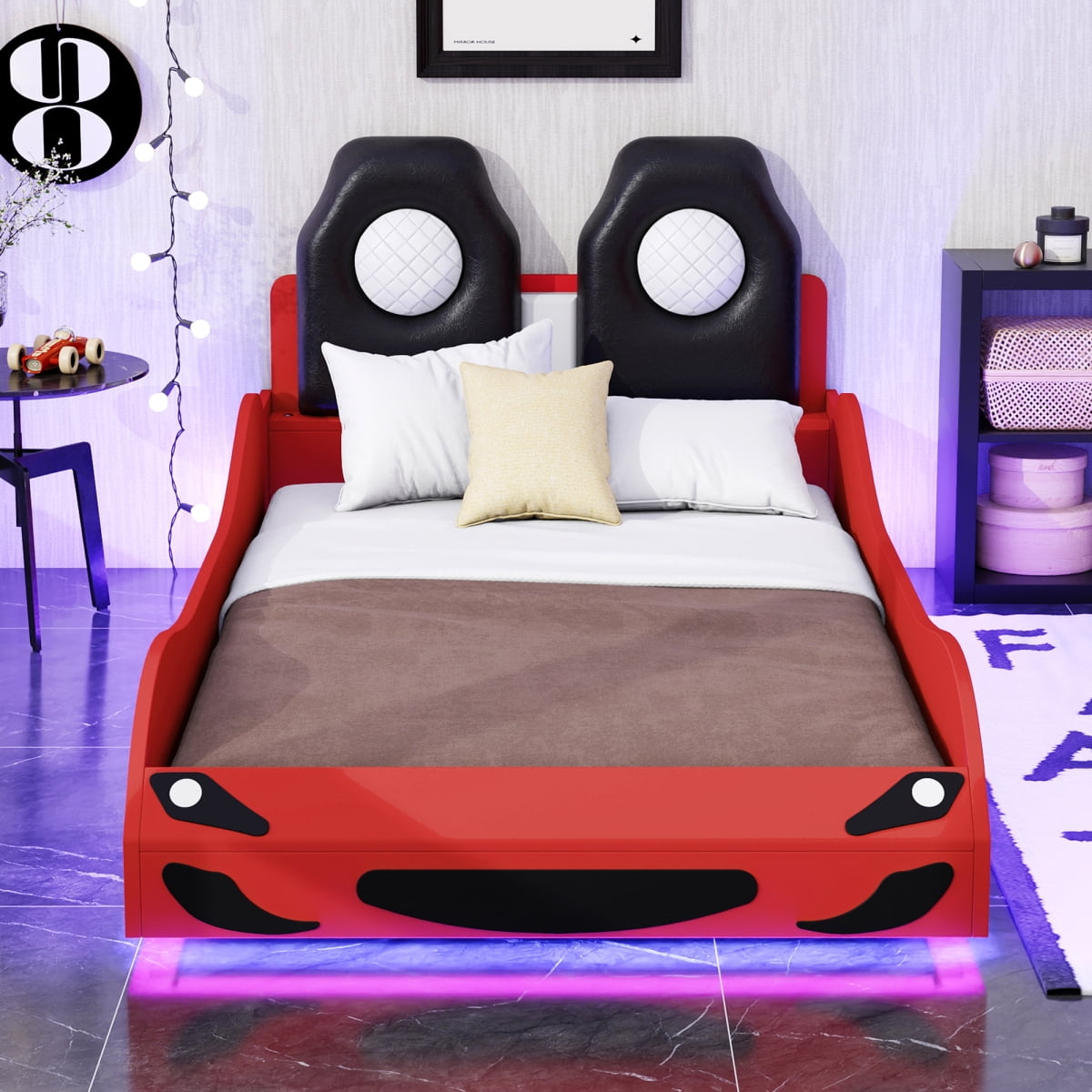 Wood Twin Size Race Car-Shaped Platform Bed with LED and Upholstered Backrest, Red