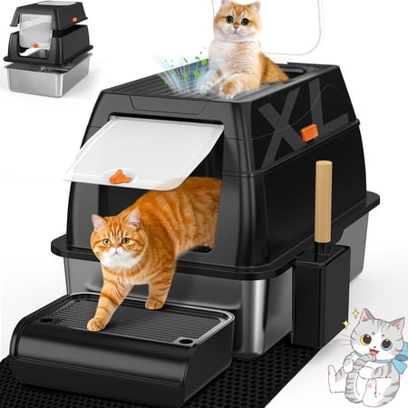 XL Stainless Steel Litter Box with Lid, Extra Large Metal Covered Litter Box, Stainless Box Easy Clean, Activated Charcoal Odor Control Design, Includes Litter Scoop & Mat & Step