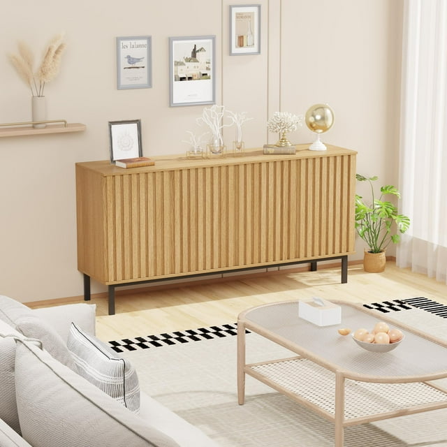 EDTara Buffet Moderne, Armoire de Rangement en Bois avec Porte Cannelée et Tablette Ajustable, Parfait pour la Cuisine Ou le Bar à Café