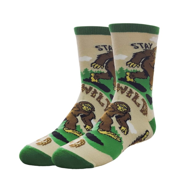 Kids Crazy Silly Bigfoot Crew Socks, Novelty Funny Cotton Socks for Boys & Girls, Stay Wild, Size 1-5