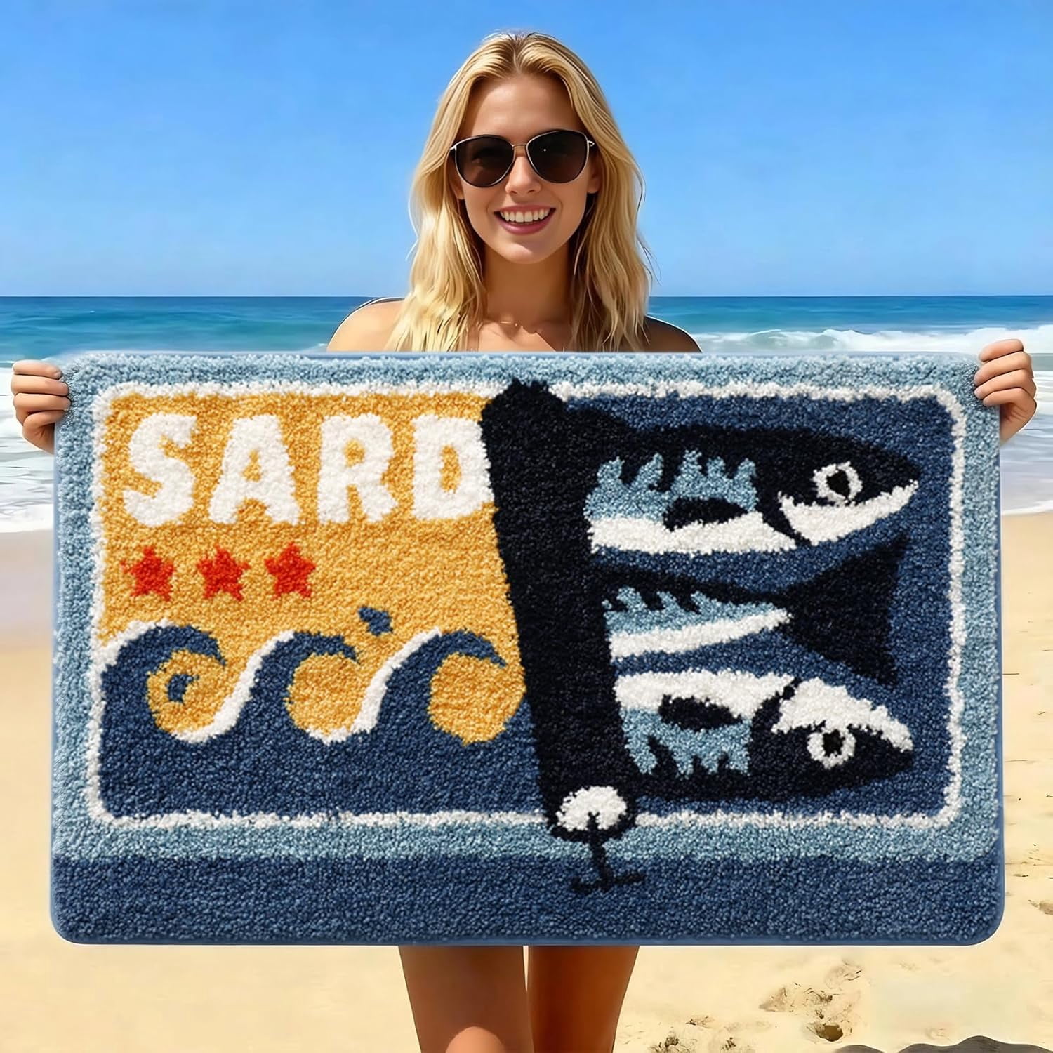 Sardine Can Plush Bath Mat, Opening Can Design with Big Fish, Absorbent Non-Slip Rug for Bathroom Kitchen Entrance, Machine Washable Retro Ocean Home Decor 20x31 Inch