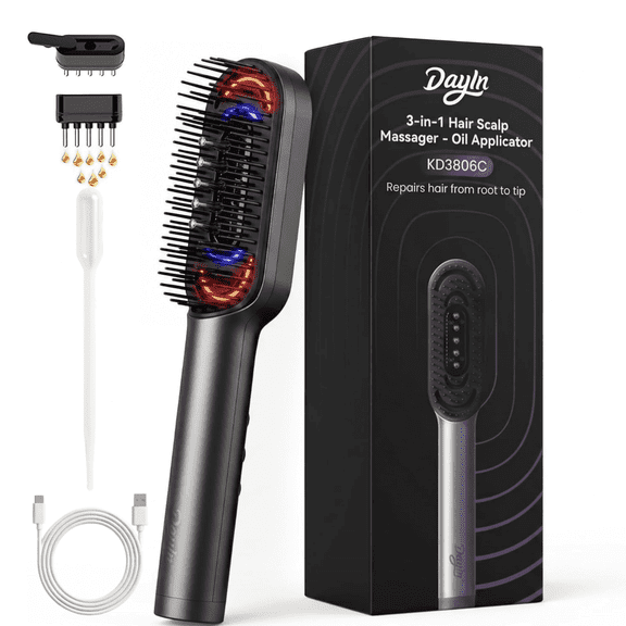 DayIn Electric Scalp Massager & Hair Oil Applicator, Red Light Comb, Cordless, Gray