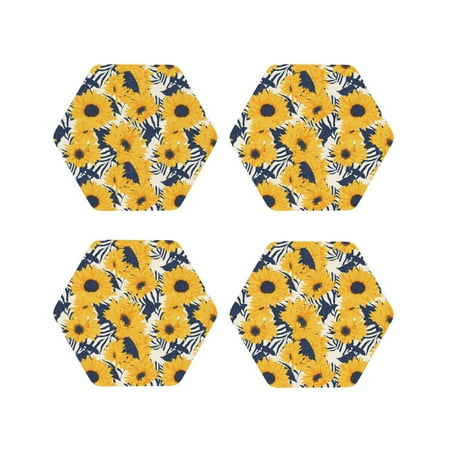 

Fuzoiu Blue Striped Sunflower Print Leather Coasters Set Drink Coasters Set of 4 for Tabletop Protection Durable PVC Coasters Home Décor and Housewarming Gift-Hexagon