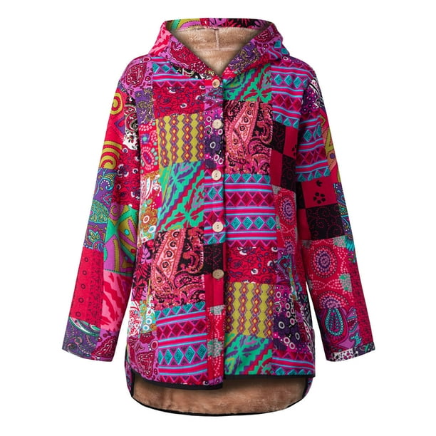 Chaqueta con capucha de lana para mujer Abrigo suelto con botones y bolsillos con estampado vintage Abanopi XX-grande