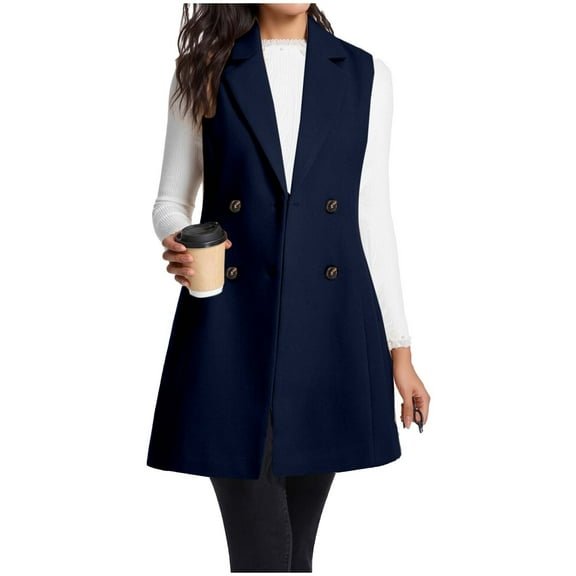 Antqov Sleeveless Cardigans for Women, Long Line Woolen Lapel Button Open Tapered Waist Vest Jacket with Pockets, Daily Stylish Lightweight Casual Cardigan Vests
