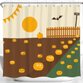 thumbnail image 1 of Whimsical Halloween Pumpkin Patch Shower Curtain - Cheerful Lanterns & Friendly Bat Design, 1 of 4