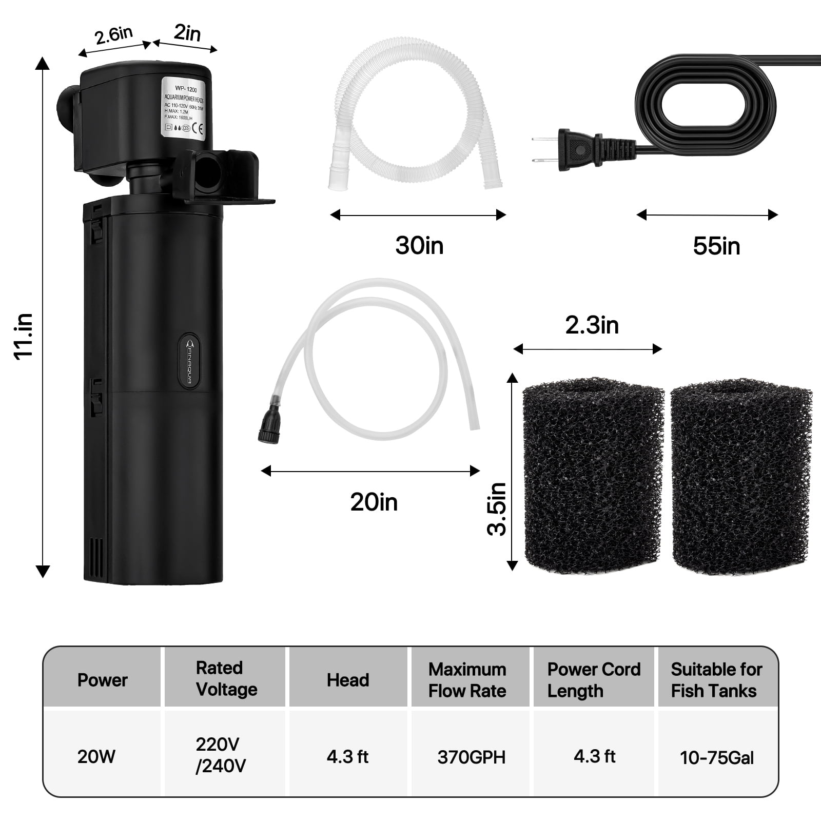 4-in-1 Internal Aquarium Filter for 10–75 Gallon Fish Tanks, Quiet Turtle Tank Filter with Filtration, Aeration, Circulation & Water Change