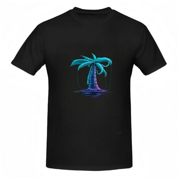 Futuristic Tropical Palm Tree Cotton Short Sleeve T-Shirt for Women - Vibrant Green Fronds & Turquoise Trunk Design