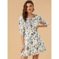 thumbnail image 3 of Unique Bargains Robe Courte à Étages pour Femme à Imprimé Floral, Col Noué, Manches 3/4, 3 of 6