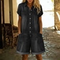 thumbnail image 2 of LEKODE Jumpsuits for Women Button Front Collared Romper Short Sleeve Loose Fit Cuffed Denim Shorts Vacation One Piece Outfit Travel Outfits for Women Black S, 2 of 5