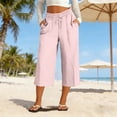 thumbnail image 6 of Linen Capris for Women Wide Leg Petite Pull On Pants with Drawstring Elastic Waist Casual Cropped Pants Pink XL, 6 of 6