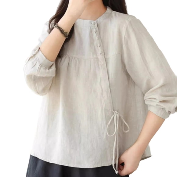 Women's Casual Shirt Top, Spring Summer Tops for Women with Slant Front Tie Front, Linen Feel 3/4 Sleeve Blouse, Relaxed Fit for Daily Wear, Office or Leisure