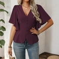 thumbnail image 6 of Stichou Women's Shirts Long Sleeve Dressy Spring Casual Classic Elegant V-Neck Button Decorated Flare Sleeve Fashion Blouses Wine L, 6 of 6