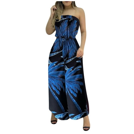 

Ziloco Women s Fashion Casual Printing Long Playsuit Loose Lady Tube Top Jumpsuit pajama pants Blue S