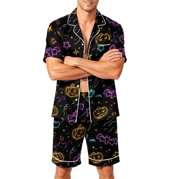 Leidass Mens Pajama Set Short Sleeve Button Down Sleepwear Set Lounge Set with Shorts Relaxed Fit S XXXXXL Black L