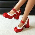 thumbnail image 2 of QIUOMBBP Chunky Heel Pumps for Women Ankle Strap High Heel Mary Janes Square Closed Toe Leather Dress Shoes Red, 2 of 7