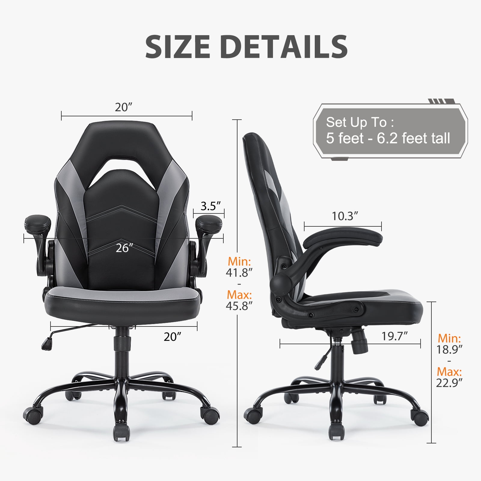 CONCETTA PU Leather Computer Gaming Desk Chair, Ergonomic Adjustable Swivel Racing Chair with Flip-up Armrest, Black Grey