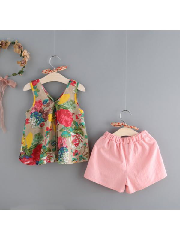 FLOWER BOWKNOT SUMMER TWO-PIECE BABY GIRL SLEEVELESS TOP TEE SHORT PANTS NICE 