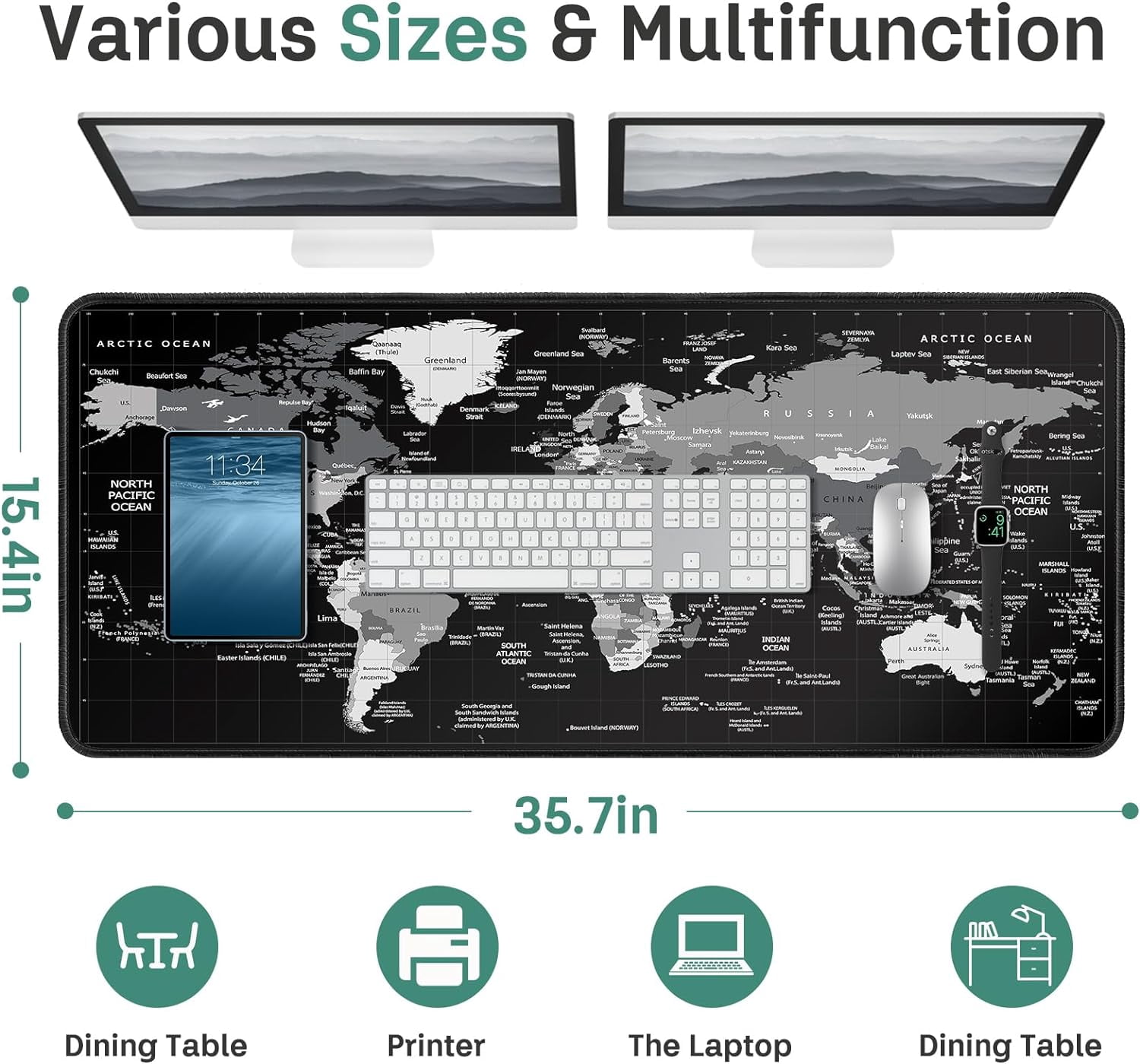 World Map Gaming Mouse Pad Black Desk Mat,Desk Pad XXL Mouse Pads for Desk 35.4x15.7in Mousepad with Stitched Edges,Non-Slip Rubber Base,Waterproof Computer Keyboard Pad for Gamer,Office&Work
