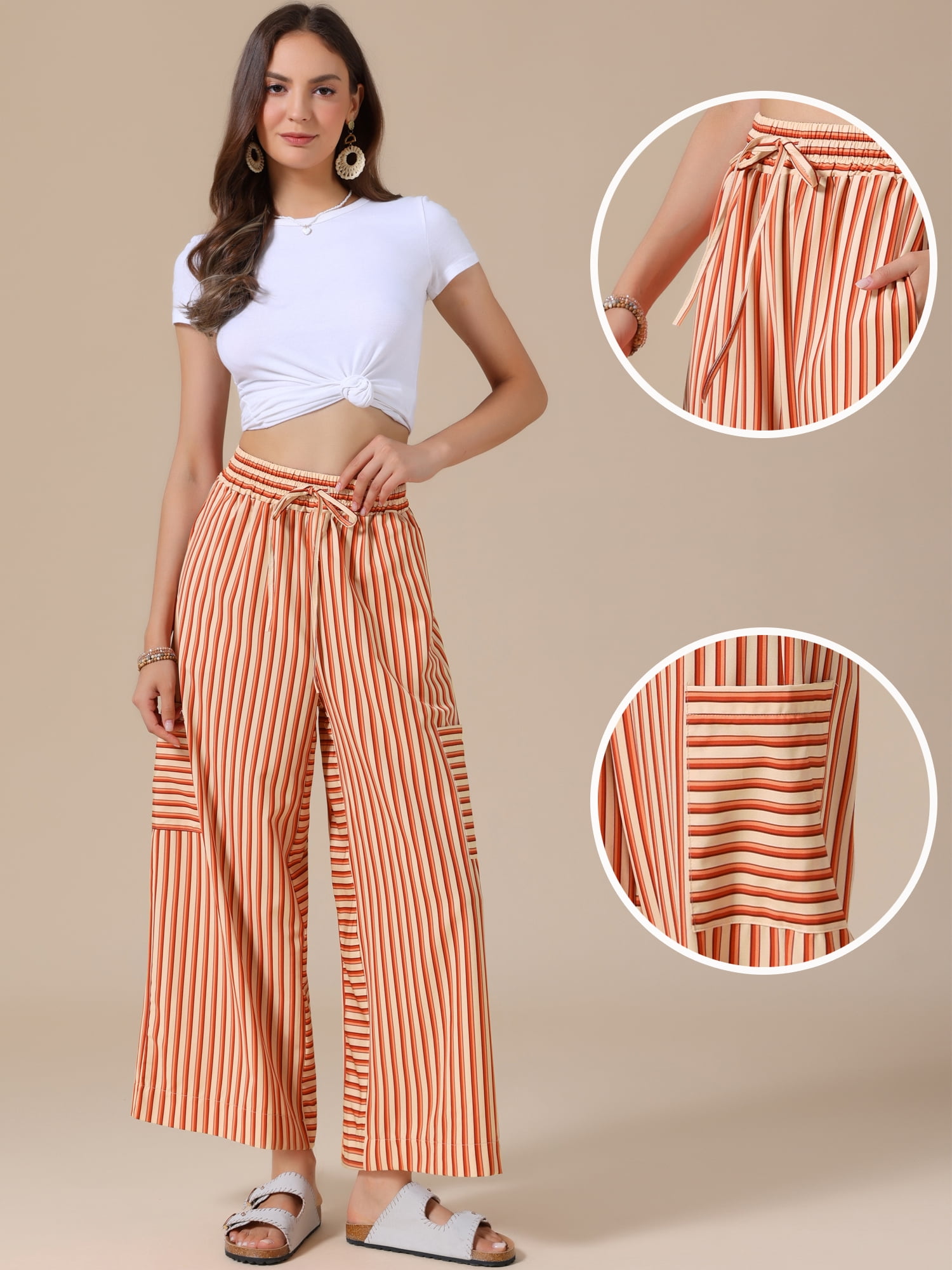 DARING DIVA Women's Striped Palazzo Lounge Pants Small Orange
