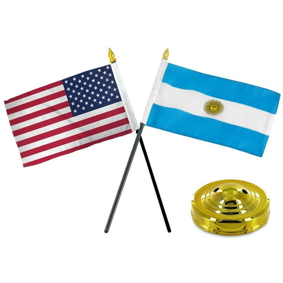 USA America American & Argentina Country Flag 4"x6" Desk Set Table Gold Base