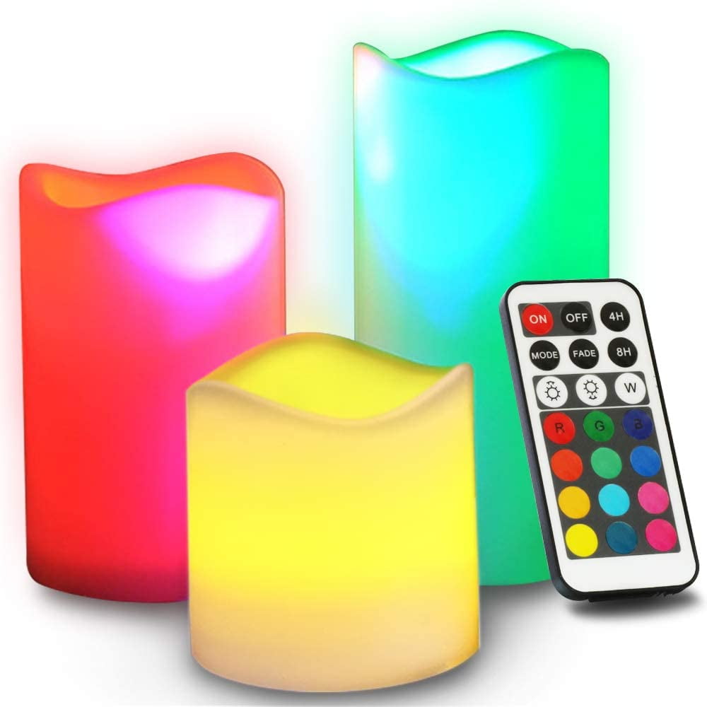 Set of 3 Color Changing Flameless LED Pillar Candle Light RGB Remote 4H/8H Timer 