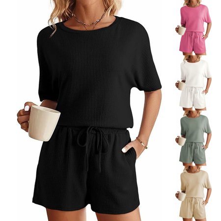 Wlynlyn Pajama Sets for Women Short Sleeve Crewneck Top Shorst Lounge Set Pjs Sets 2 Piece Loungewear with Pockets