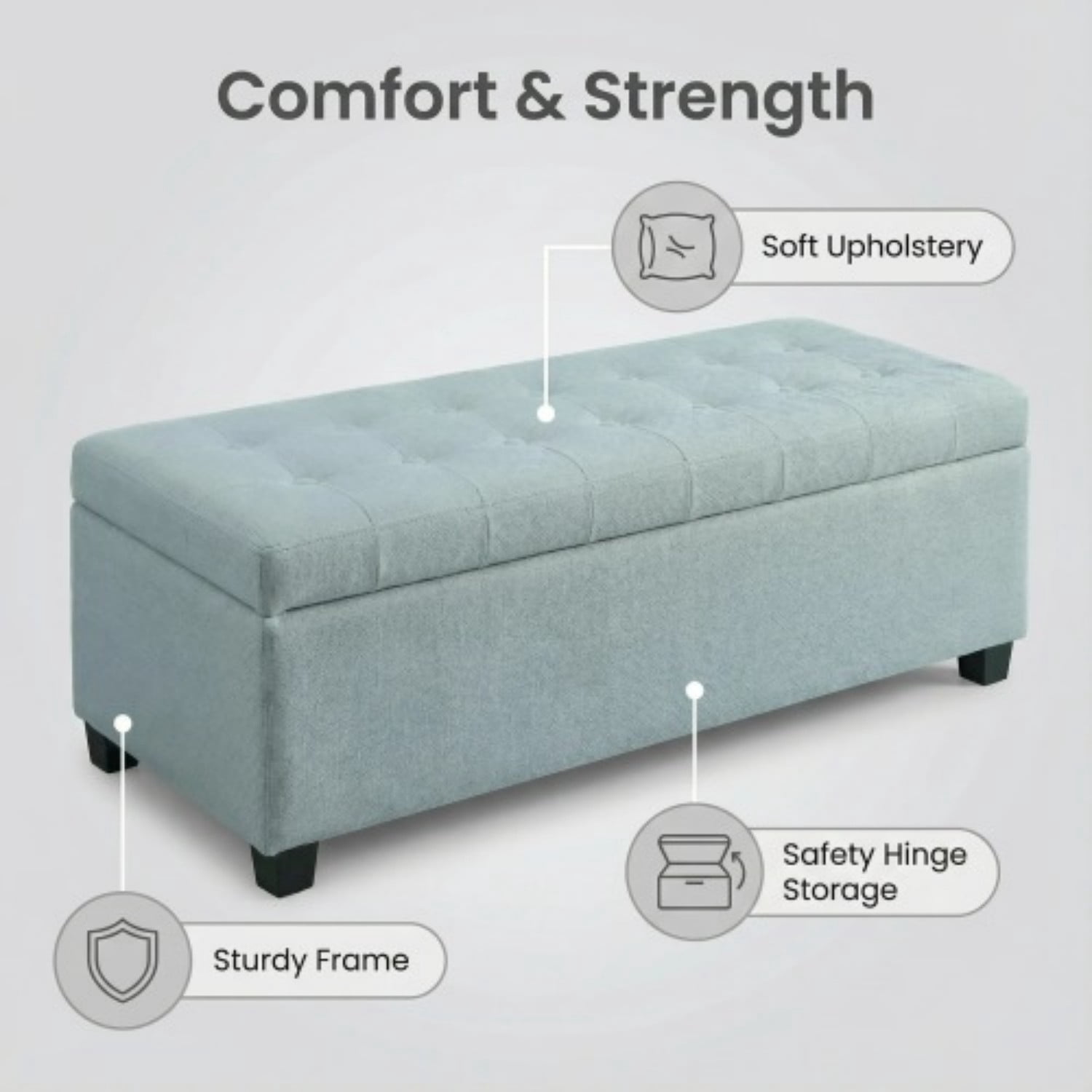 49.75" Storage Ottoman Bench, Tufted Entryway Bench with Safety Hinge, Wooden Legs Faux Leather Storage Seat for Bedroom Living Room, Baby Blue