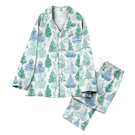 Christmas Santa Pajama Set for Women,Womens Button Up Lapel Neck Long Sleeve Sleepwear Xmas Graphic Pjs 2 Piece Pants Nightwear Pajama Suits