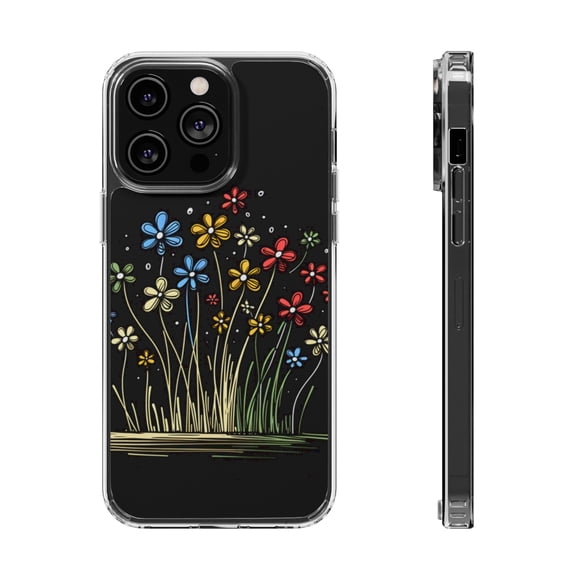 DistinctInk Hybrid (Acrylic / TPU) Clear Slim Fit Case for Apple iPhone 13 Pro (6.1" Screen) - Bursting Life: Vibrant Cartoon Spring Flowers