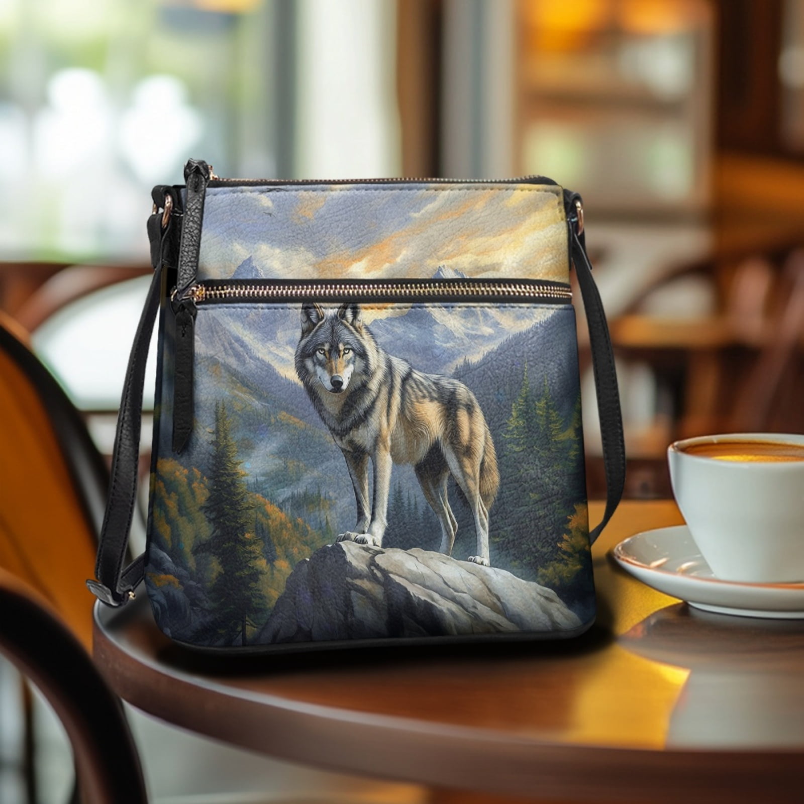 LedBack 3D Wolf Print Crossbody Purse for Women, Leather Hobo Bag Shoulder Handbag Zipper Satchel Purse with Adjustable Strap Sling Messenger Bag, Blue