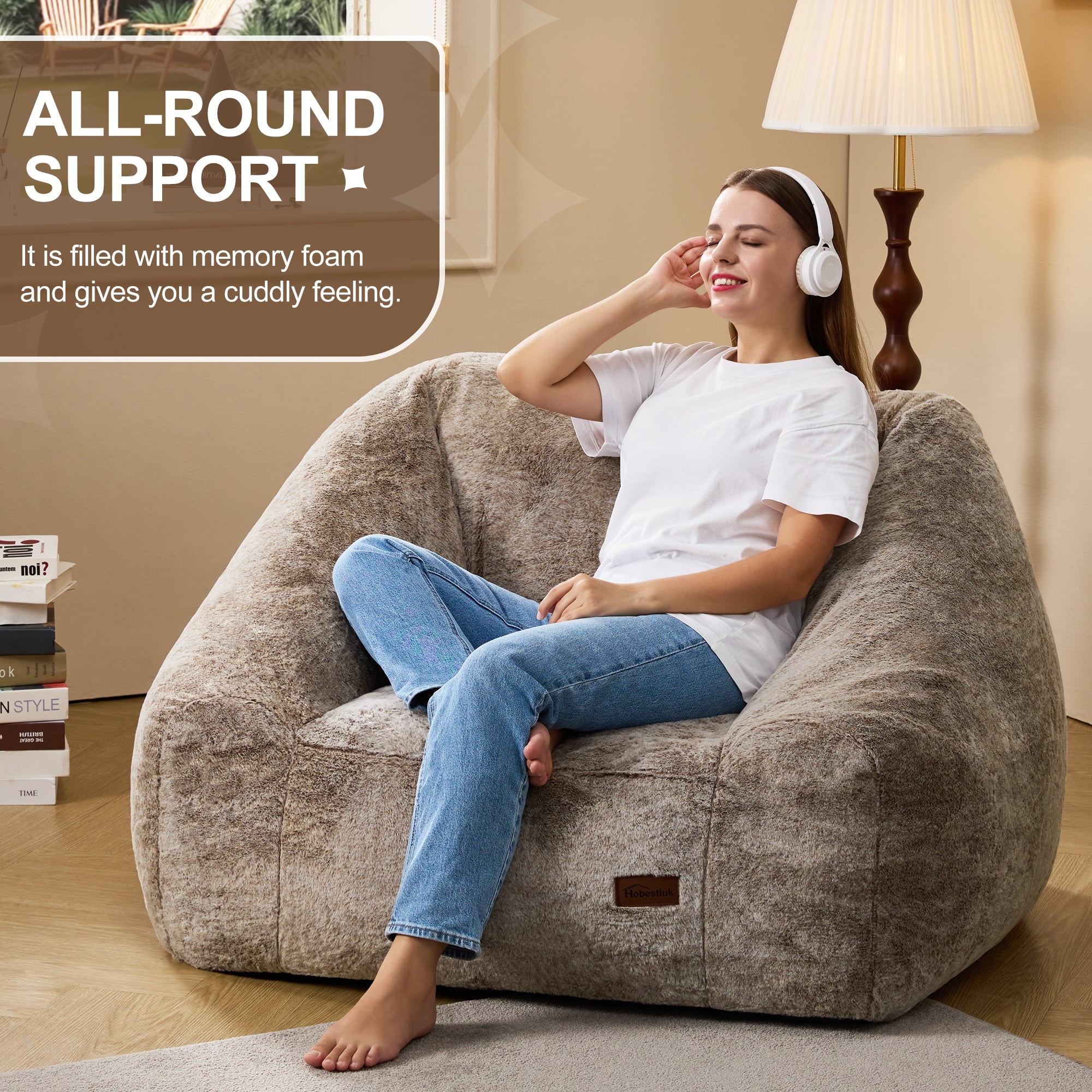 Hobestluk Oversized Bean Bag Chair for Adults with Filler, Large Cozy Reading Chair, Comfortable Lounge Chair for Living Room and Bedroom (Brown Two-Tone)