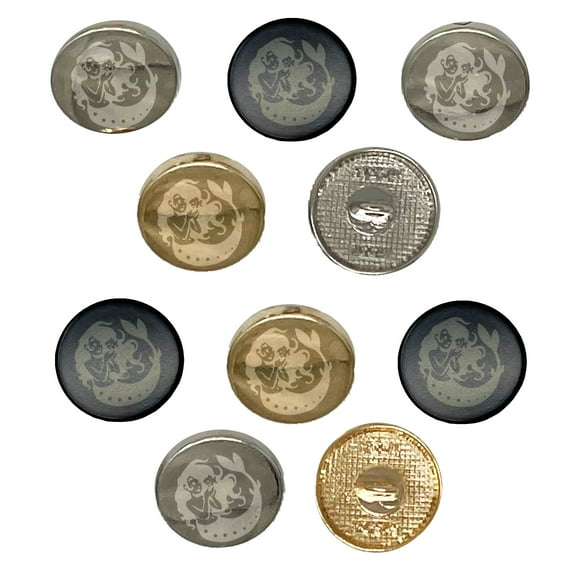 Mermaid and Fish Friend Set of 10 Metal 0.6" (15mm) Sewing Shank Round Buttons - Silver Color