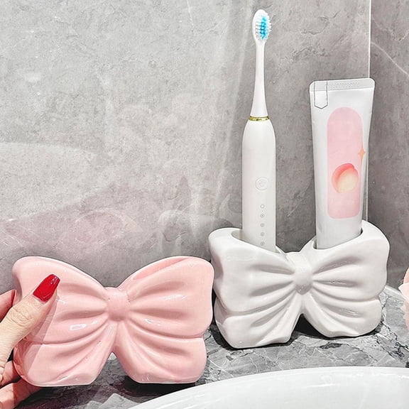 NOVELAR Decorative Bow Toothbrush Stand, Ceramic Material Easy to Wipe Clean, Adds Romantic Touch to Bathroom Vanity or Office Sink