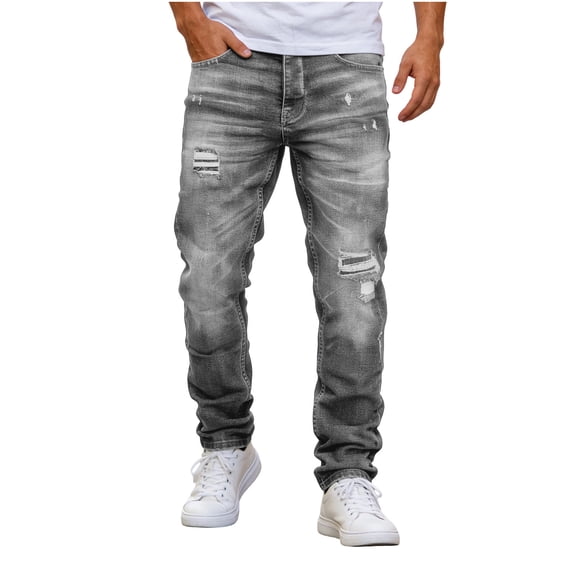 QQZ Straight Leg Jeans Men, Ripped Distressed Slim Denim Pants for Street Walk, Daily Shopping and Casual Outdoor Activities