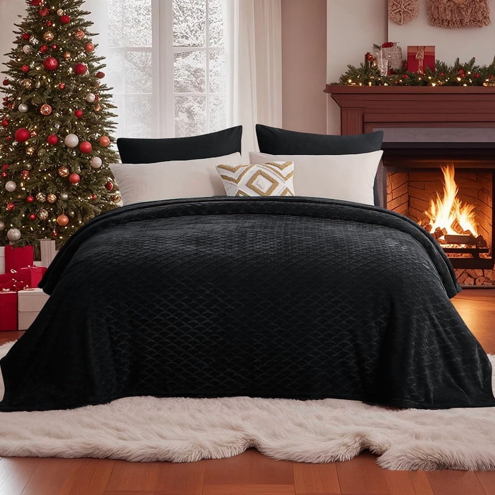 Aisbo Brushed Flannel Blanket Black King, Super Soft and Cozy Blankets All Season Use