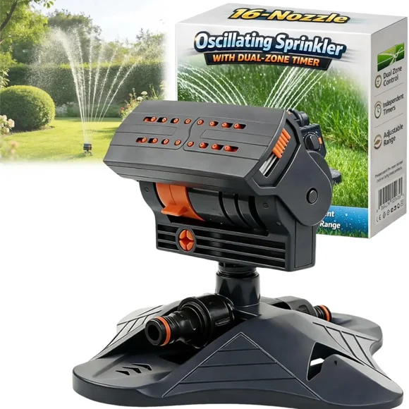 Arroseur Oscillant Amélioré à 16 Buses, Mini Arroseur Turbo Oscillant pour Arrosage de Pelouse, Cour et Jardin (Noir