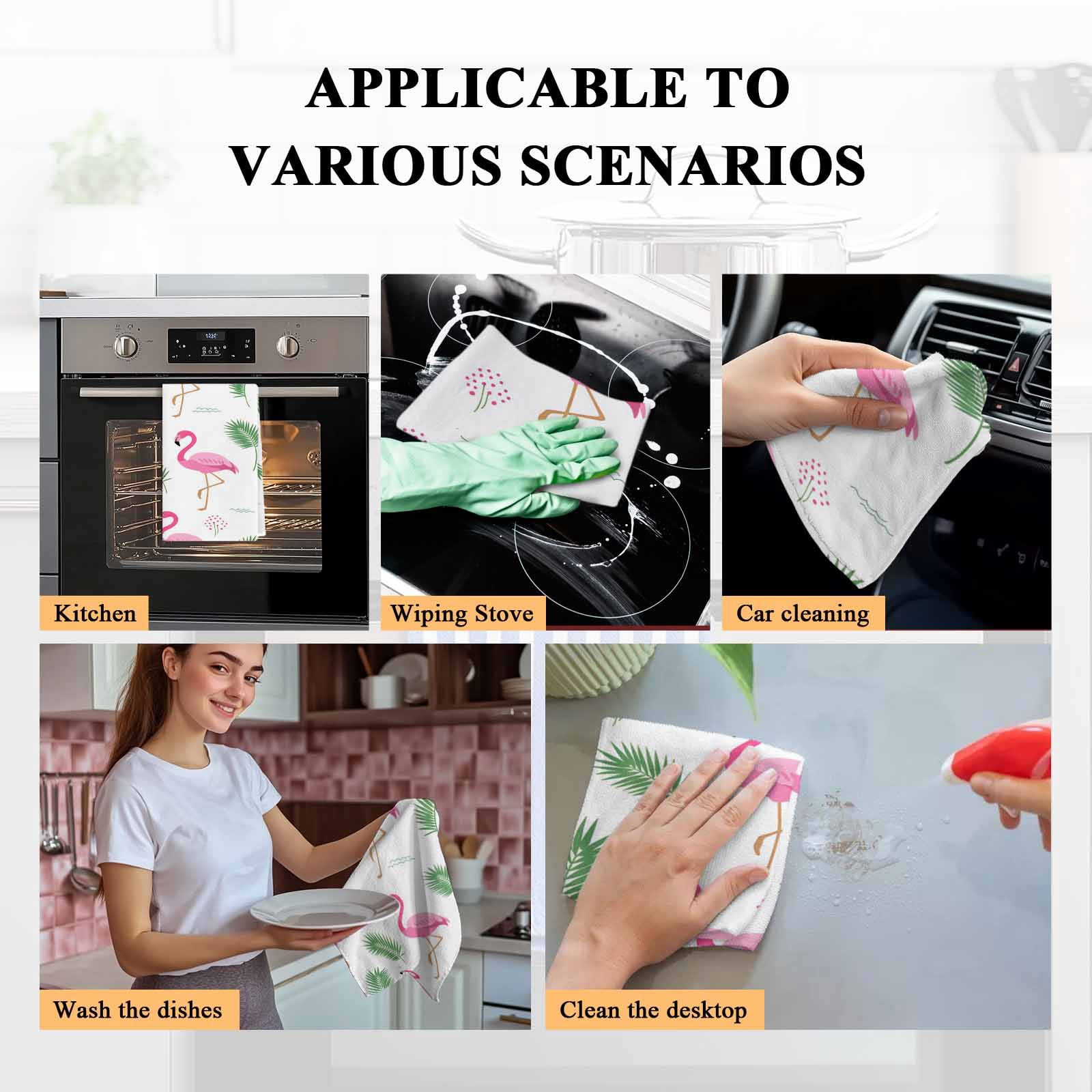 Pink Flamingos Kitchen Towel Dish Cloths Set of 2, Microfiber Soft Kitchen Hand Towels, Summer Green Tropical Palm Leaves Absorbent Quick Drying Dishcloths 18 x 28 Inches