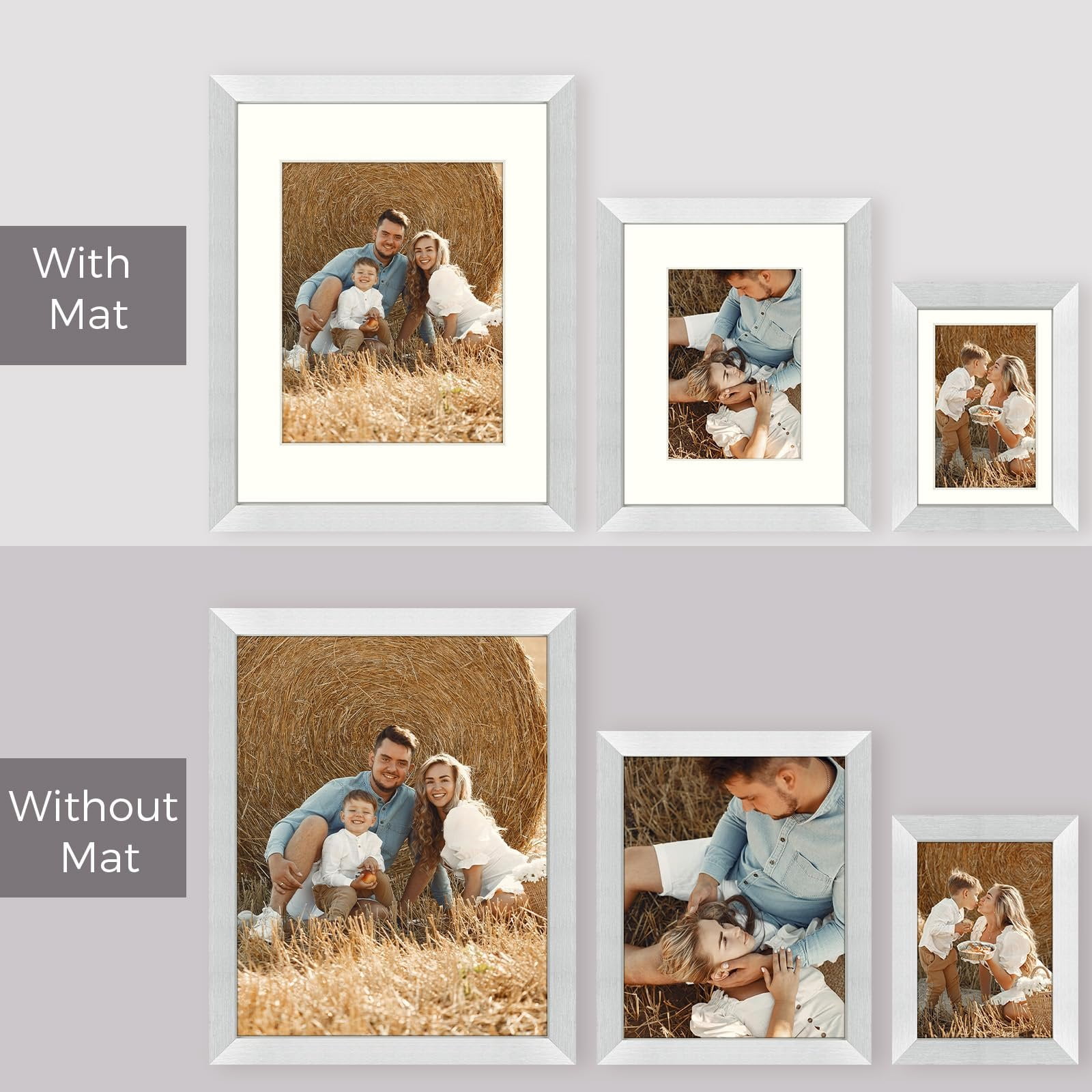 Golden State Art, Gallery Wall Frames, 11x14, 8x10, 5x7 Multiple Photo Frames Collage for Wall or Tabletop Displays with Mat or Without Mat Silver, 7 Pack