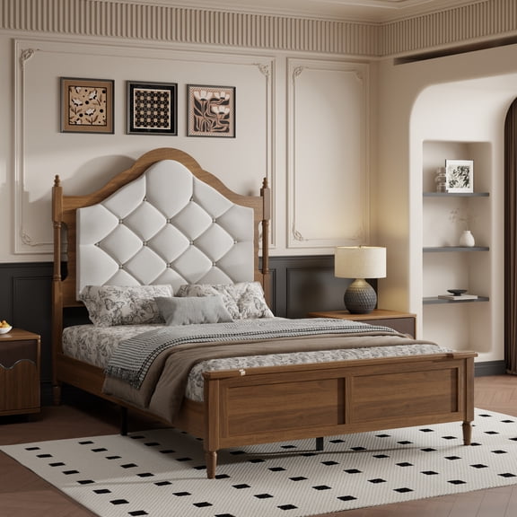 Miniyam Full Size Farmhouse Upholstered Platform Bed Frame with Diamond Tufted Headboard, Brown Wood Finish