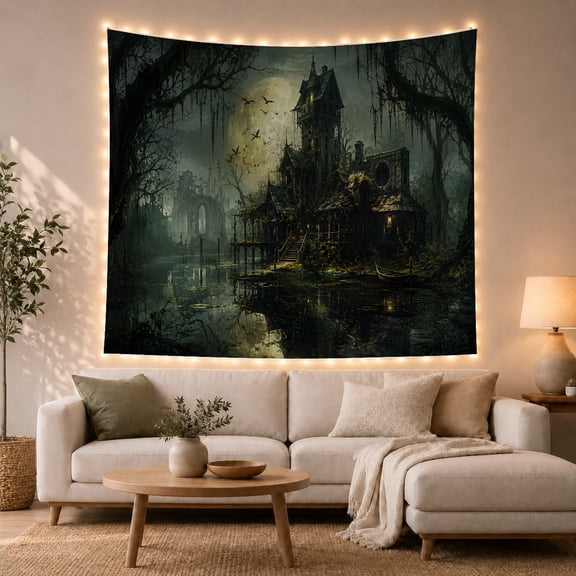 Decaying Mansion Above a Moonlit Swamp, Eerie Gothic for Dark Art Lovers, Wetland Home Decor, Halloween Gift, Tapestry Wall Hanging for Bedroom, Living Room and Den