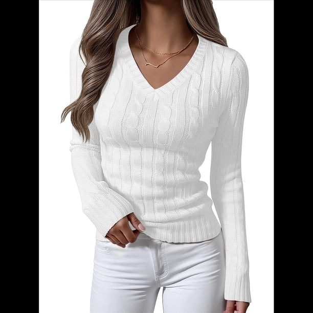 Suéter de Punto de Larga para Mujer, Jersey Ajustado con Cuello en V, Moda de Otoño, Atuendos Informales de Negocios para Otoño. L